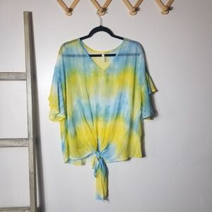 NWOT MTS WOMEN'S THINNER TIE DIE V-NECK BLOUSE WITH TIE KNOT FRONT SIZE MED/LARG